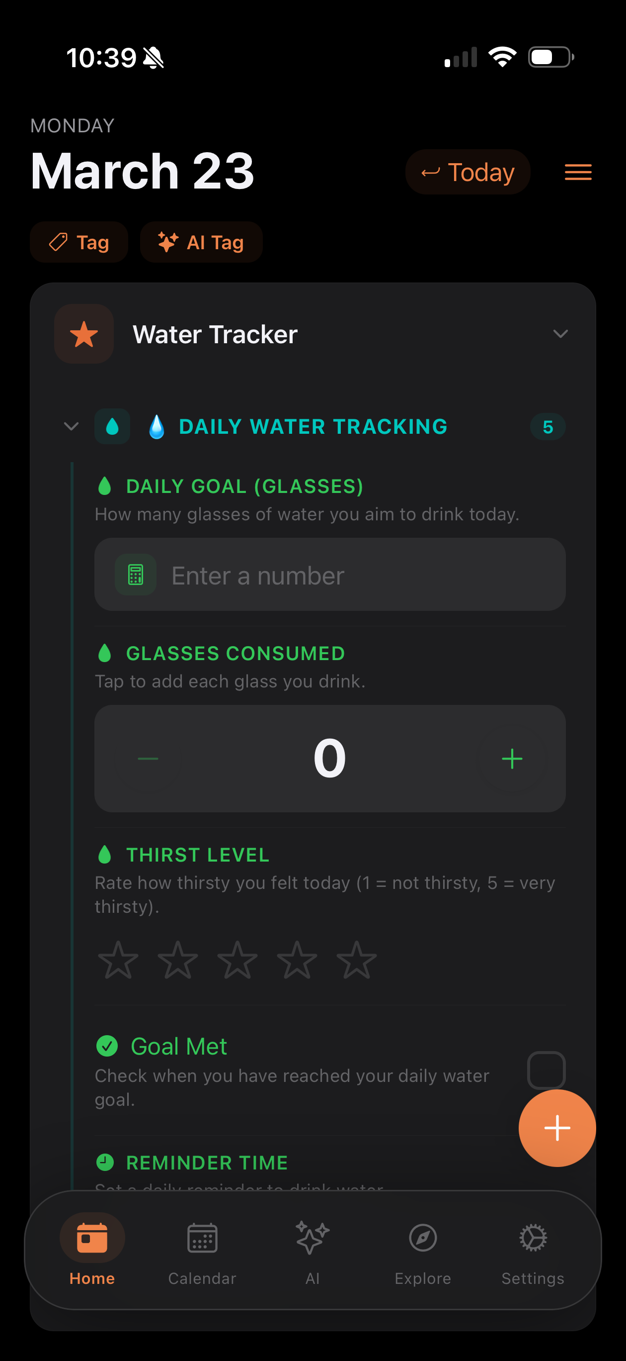 Water tracker widget being filled in